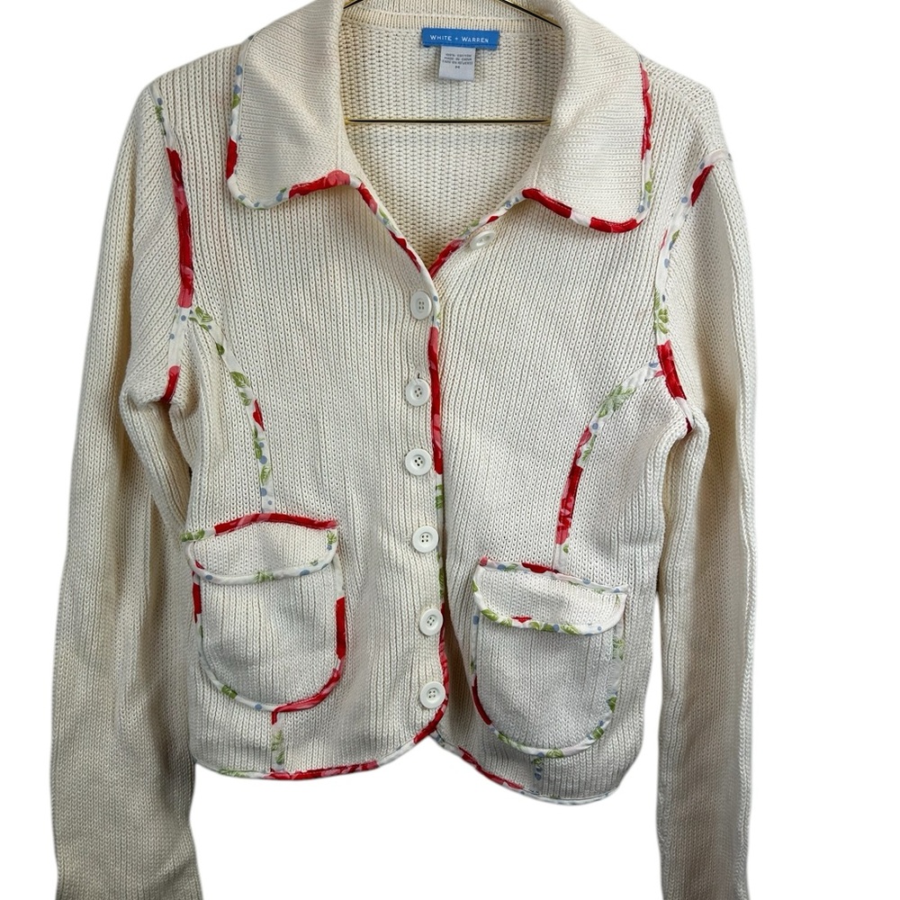 White + Warren Cream Floral Trim Cardigan